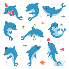 Cute blue dolphins set. Funny happy underwater animals performing tricks in dolphinarium cartoon vector illustration