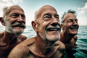 Happy group of senior man enjoying and swimming in the sea. Generative AI illustration.