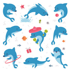 Cute blue dolphins set. Funny happy underwater animals playing and performing tricks cartoon vector illustration