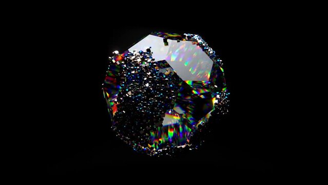 Crystal polyhedral sphere rotates. Diamond particles are attracted to the surface of the figure and move along it.