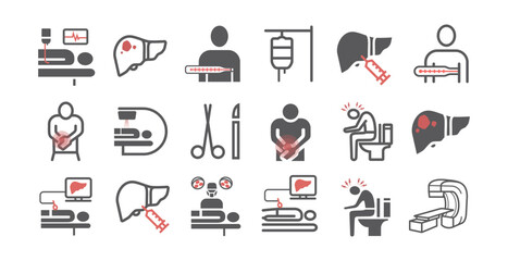 Liver Cencer Symptoms. Causes. Diagnostics. Line icons set. Vector signs for web graphics.