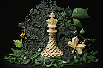 king and queen chess piece quilling art, flower and leaves using Generative AI technology
