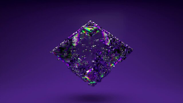 The crystal figure rotates. Small particles slide over the surface. Refraction light in the facets of a precious stone.