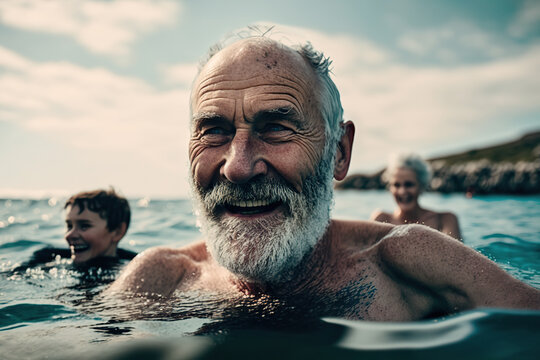 Smiling senior people having fun swimming in summer vacation. Generative AI illustration.
