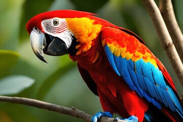 A flock of macaws in the treetops in a tropical rainforest, bright flowers and leaves, exotic plants, vines. Wildlife concept of ecological environment. Generative AI