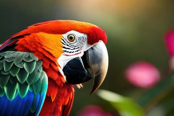 Fototapeta premium A flock of macaws in the treetops in a tropical rainforest, bright flowers and leaves, exotic plants, vines. Wildlife concept of ecological environment. Generative AI