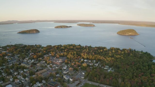 Bar Harbor, Maine landscape at sunset - 4K Drone footage