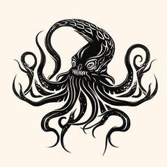 Fototapeta premium Black and White Kraken,Cthulhu,Octopus Silhouette Ornament Vector Art for Logo and Icon