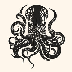 Black and White Kraken,Cthulhu,Octopus Silhouette Ornament Vector Art for Logo and Icon