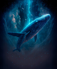 Blue whale in the ocean.Generative AI technology.