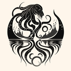 Naklejka premium Black and White Kraken,Cthulhu,Octopus Silhouette Ornament Vector Art for Logo and Icon