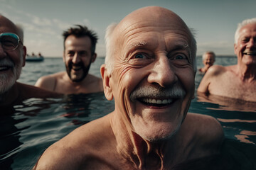Happy friends group senior people sunset sea. Generative AI illustration.