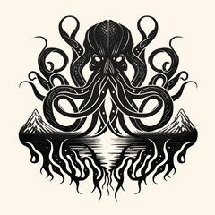 Black and White Kraken,Cthulhu,Octopus Silhouette Ornament Vector Art for Logo and Icon