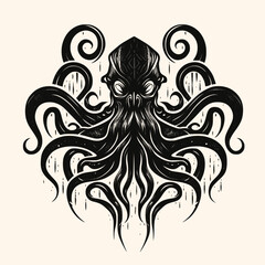 Black and White Kraken,Cthulhu,Octopus Silhouette Ornament Vector Art for Logo and Icon