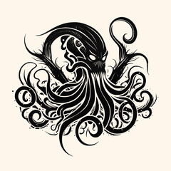 Fototapeta premium Black and White Kraken,Cthulhu,Octopus Silhouette Ornament Vector Art for Logo and Icon