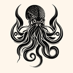 Fototapeta premium Black and White Kraken,Cthulhu,Octopus Silhouette Ornament Vector Art for Logo and Icon