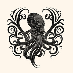 Black and White Kraken,Cthulhu,Octopus Silhouette Ornament Vector Art for Logo and Icon