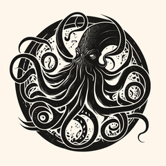 Black and White Kraken,Cthulhu,Octopus Silhouette Ornament Vector Art for Logo and Icon