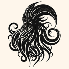 Obraz premium Black and White Kraken,Cthulhu,Octopus Silhouette Ornament Vector Art for Logo and Icon