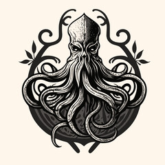 Obraz premium Black and White Kraken,Cthulhu,Octopus Silhouette Ornament Vector Art for Logo and Icon