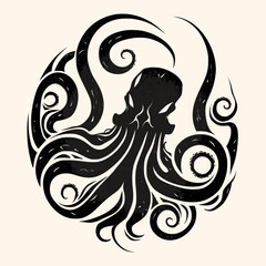 Black and White Kraken,Cthulhu,Octopus Silhouette Ornament Vector Art for Logo and Icon
