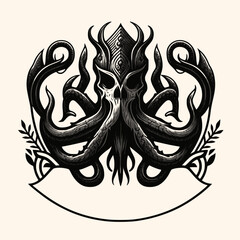 Black and White Kraken,Cthulhu,Octopus Silhouette Ornament Vector Art for Logo and Icon