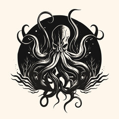 Black and White Kraken,Cthulhu,Octopus Silhouette Ornament Vector Art for Logo and Icon