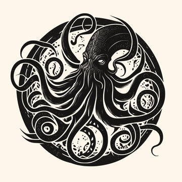 Black And White Kraken,Cthulhu,Octopus Silhouette Ornament Vector Art For Logo And Icon