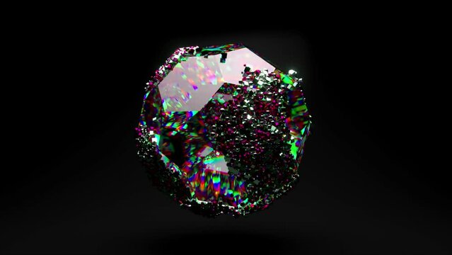 A huge diamond rotates on a black background. Small precious particles move randomly on the surface of the stone.