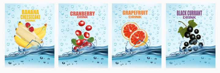Set of labels with fruit and berry drinks. Fresh fruits juice splashing together- banana, cheesecake, cranberry, grapefruit, black currant water drink splashing. 3d fresh fruits. Vector illustration - 581194903