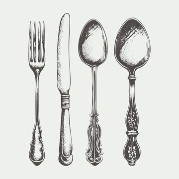 A realistic hand-drawn vector illustration sketch of a cutlery set, including a fork, spoon, and knife, arranged as a table setting