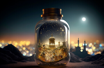 Generative AI illustration of the holy city of Mecca at night encased in a glass jar