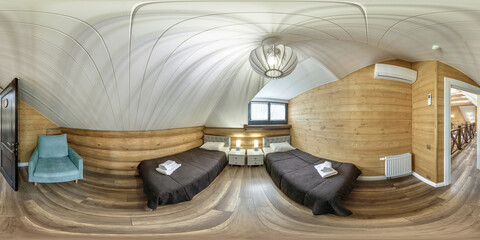 360 hdri panorama in interior of wooden eco bedroom in rustic style homestead on mansard floor with...