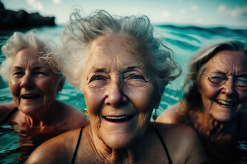 Group of female older friends enjoying the water in the sea. Generative AI illustration.