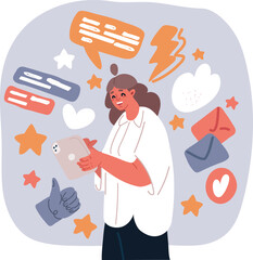 Vector illustration of hand of woman hold e-tablet. Manager concept