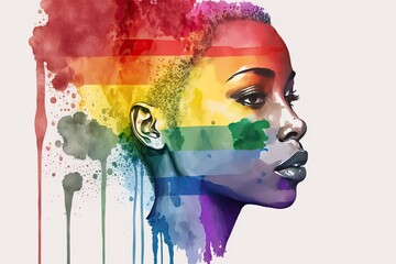 Abstract watercolor portrait of joyful African lesbian with rainbow flag, rendered in a minimalistic style. Generative AI.