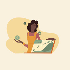 Woman with notebook, woman and finance, woman and bitcoin, woman and financial market.