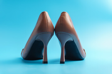 Women's beige shoes with high heels rear view on a blue background
