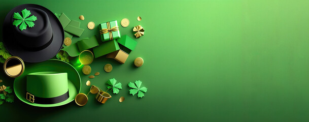 St. Patrick's Day background. Top view of gift boxes, clover, lucky hat, golden coins and glasses. Holiday banner, web poster, flyer, brochure, greeting card, cover with copy space. generative ai