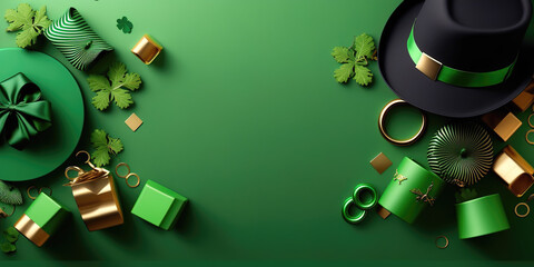 St. Patrick's Day background. Top view of gift boxes, clover, lucky hat, golden coins and glasses. Holiday banner, web poster, flyer, brochure, greeting card, cover with copy space. generative ai