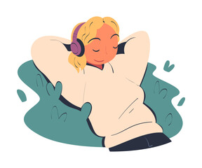 Woman Character in Headphones Dreaming Imagining and Fantasizing Something Lying on Grass Vector Illustration