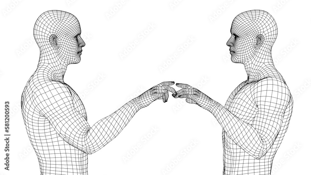 Wall mural two male wireframes touch with index fingers on a white background.