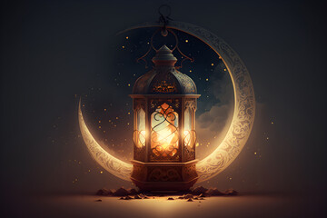 Fototapeta na wymiar Arabic lantern with burning candle shining at night, moon over sandy desert, Ramadan, Generative AI 8
