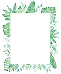 Exotic watercolor tropical frame border palm tree. Summer clipart illustration. - obrazy, fototapety, plakaty