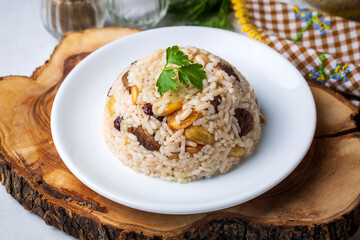 Traditional delicious Turkish food; rice pilaf with pine nuts and currants (Turkish name; bademli ic pilav or pilaf)