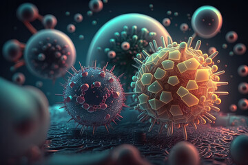 Fantastic viruses, view in a microscope. AI generative