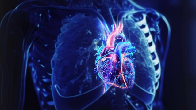 Beating healthy human heart x-ray 3D render video loop motion background, concept for anatomy school education