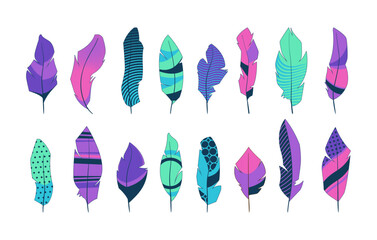 Tribal feathers. Ornamental ethnic indian plume icons, stylized decorative hippie birds quill silhouettes creative boho style. Vector isolated set. Bright colorful animal elements with design