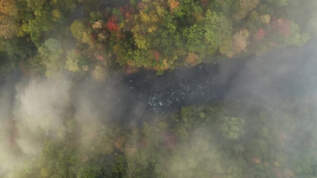Low lying fog over Millers River in Massachusetts - Aerial 4K Drone footage