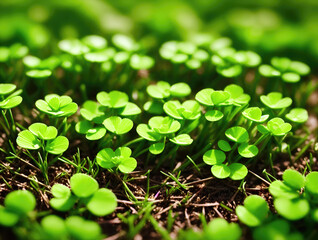 Green clovers in the garden, close-up
